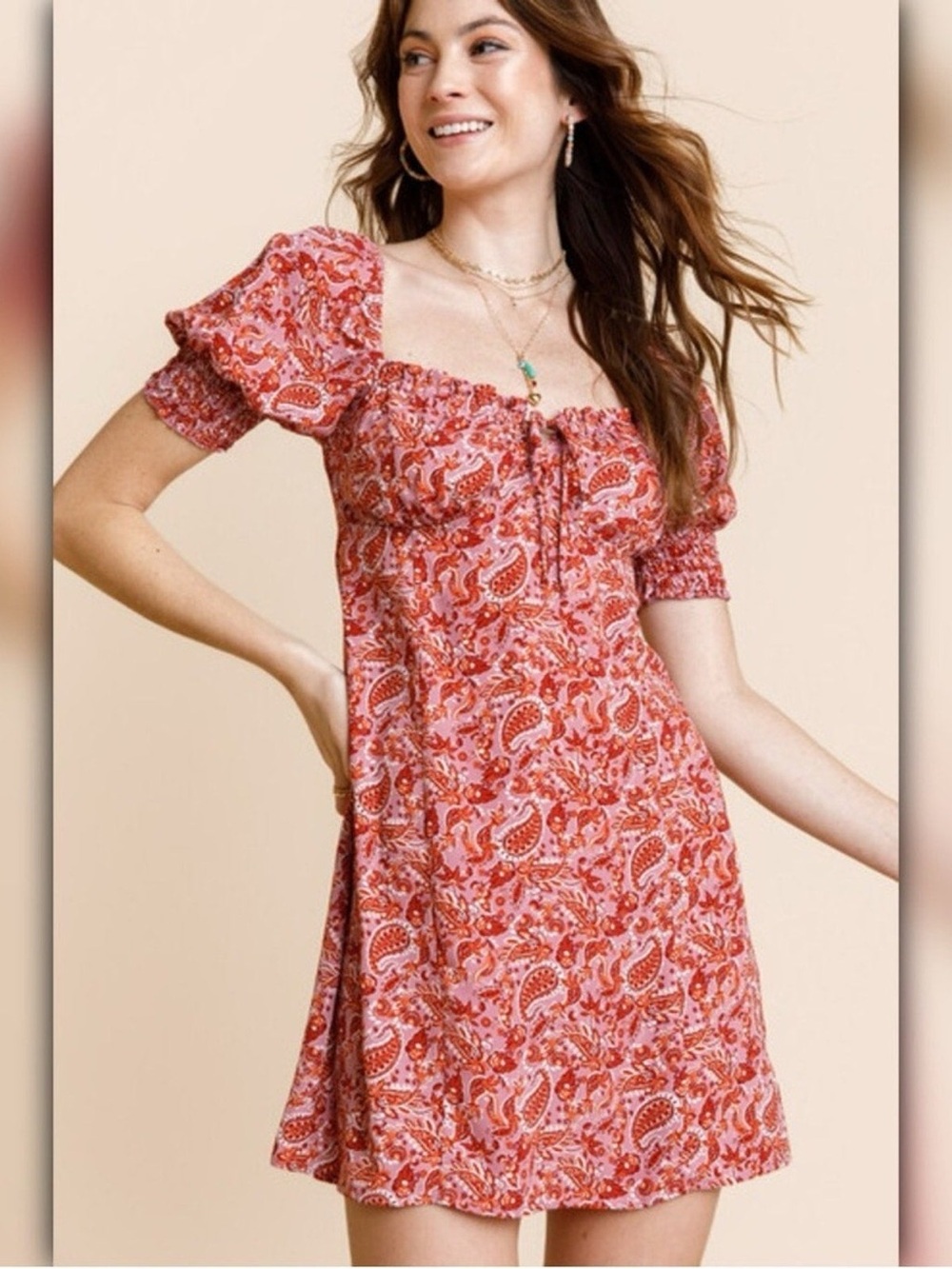 Francesca's Pink Paisley Puff Sleeve Mini Dress